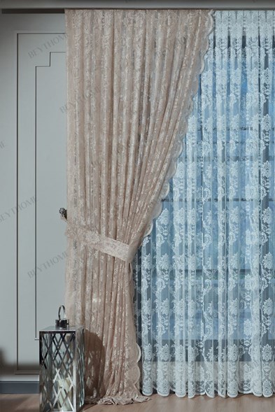 Vizon Damask Bağcıklı Tül Fon Perde